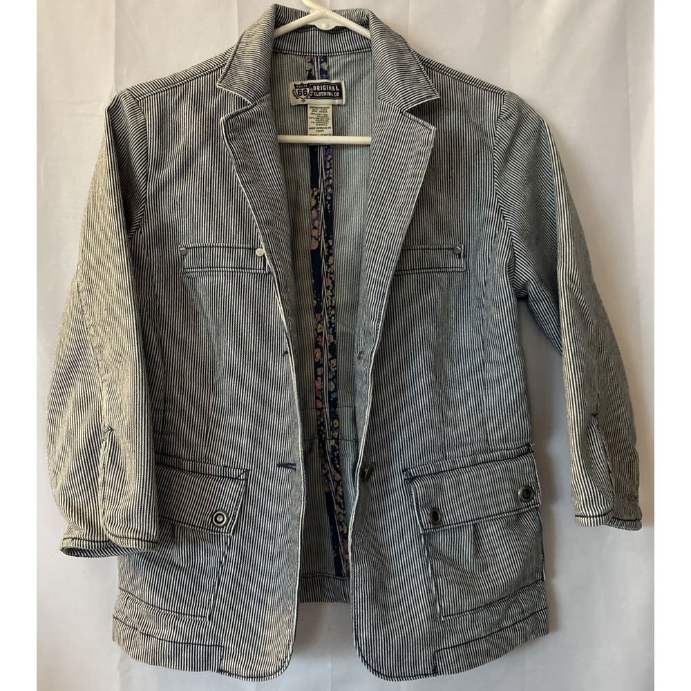 Route 66 Jean Jacket Blazer Women's Small Blue Striped Denim Button Up Casual